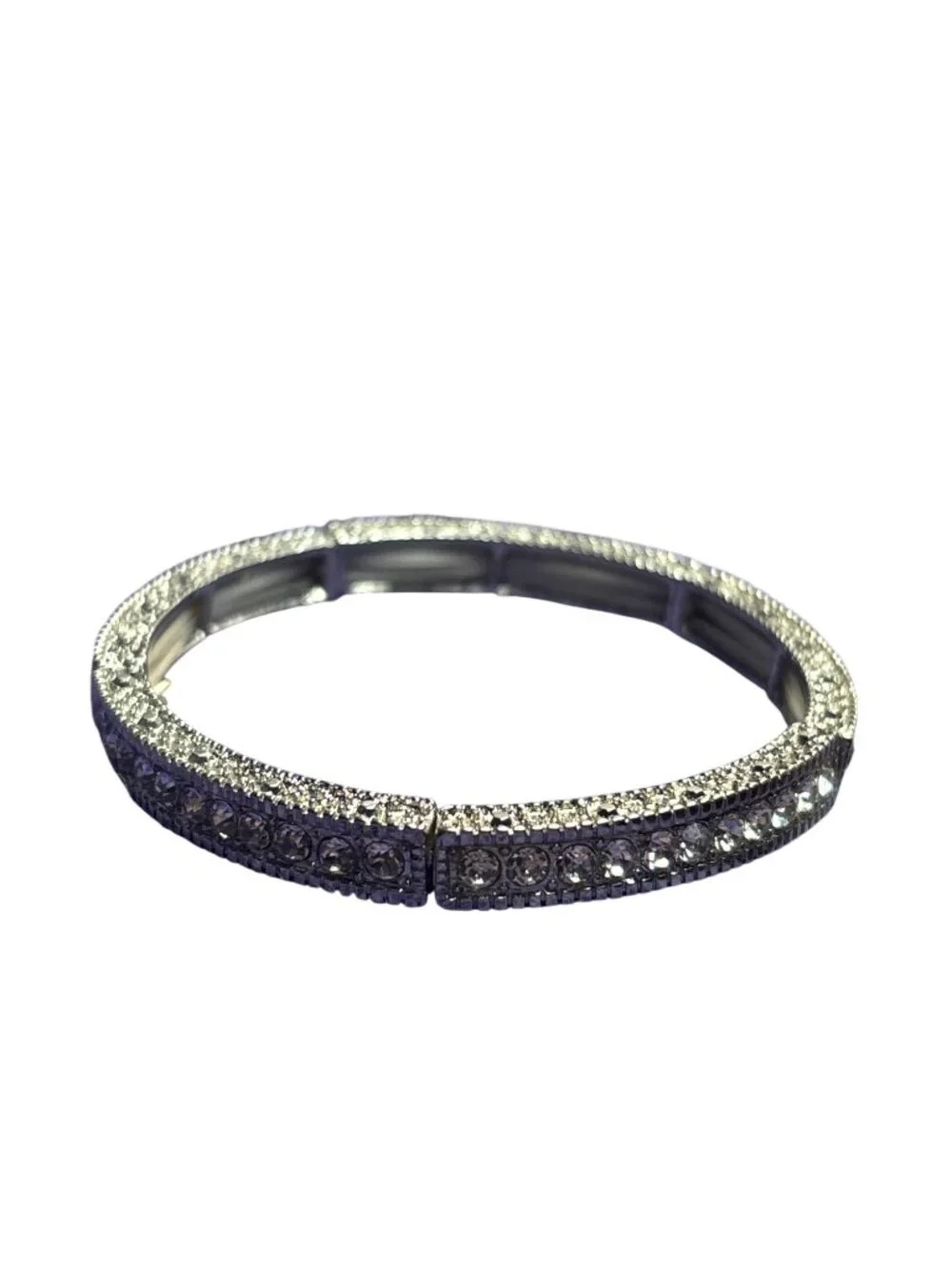 Textured Silvertone Clear Rhinestone Stretchy Bracelet 6.5 inches